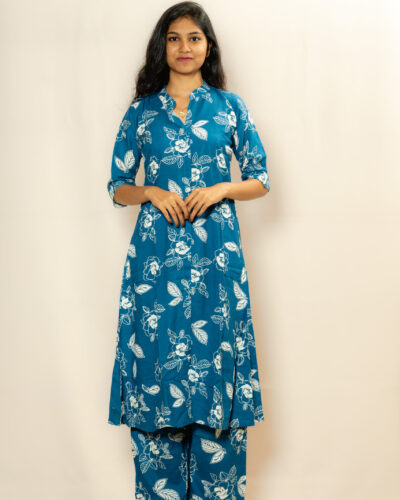 Teal Blue Floral Printed Kurti Set