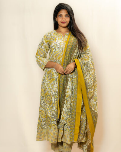 Mustard Yellow Printed Churidar Set