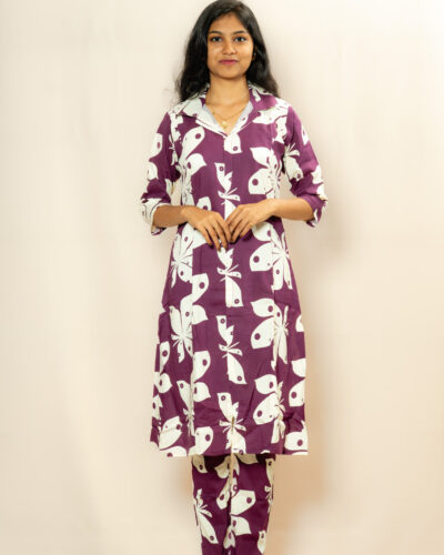 Plum Floral Printed Kurti Set