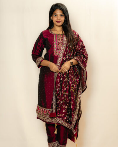 Wine Embroidered Chudidhar Set